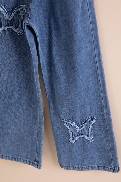 Siyah Kelebek Nakışlı Badili Jean Pantolonlu Kız Çocuk 2li Takım 23412