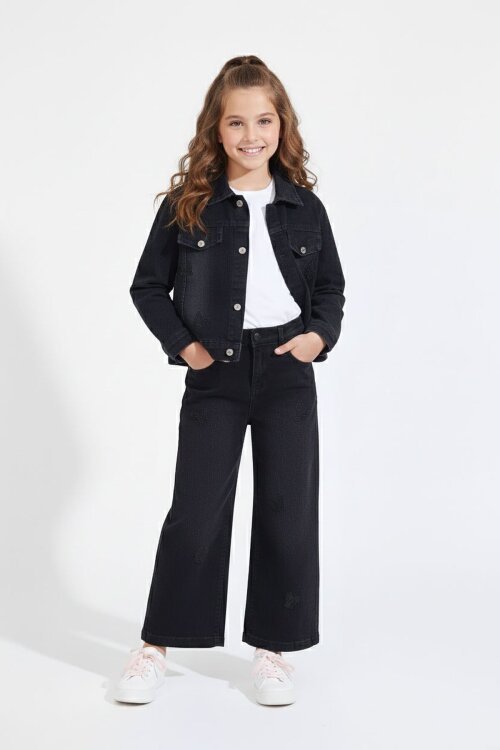 Siyah Kelebek Nakışlı Düğmeli Ceketli Pantolonlu Kız Çocuk Jean Takım 23445