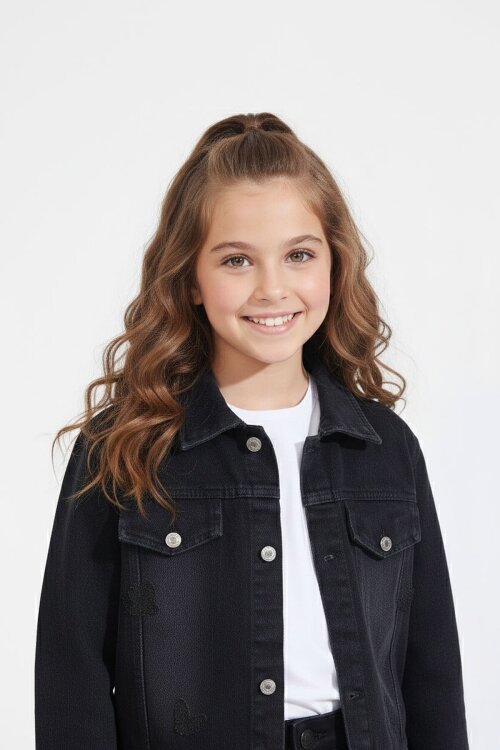 Siyah Kelebek Nakışlı Düğmeli Ceketli Pantolonlu Kız Çocuk Jean Takım 23445