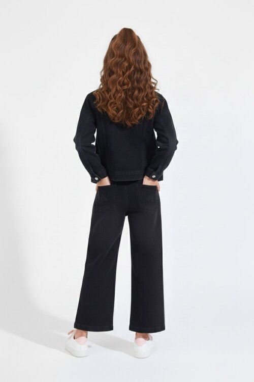 Siyah Kelebek Nakışlı Düğmeli Ceketli Pantolonlu Kız Çocuk Jean Takım 23445