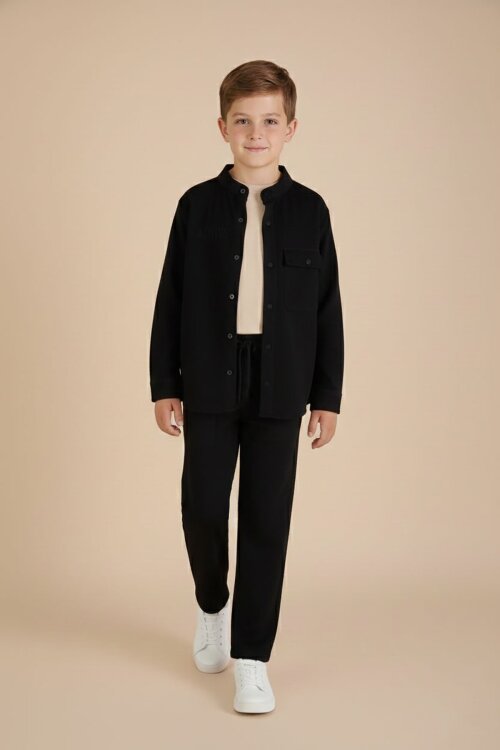 Siyah Keten Gömlekli Pantolonlu Erkek Çocuk 3lü Alt Üst Takım  23571