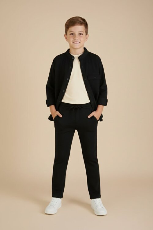 Siyah Keten Gömlekli Pantolonlu Erkek Çocuk 3lü Alt Üst Takım  23571