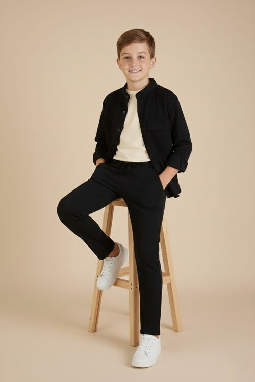 Siyah Keten Gömlekli Pantolonlu Erkek Çocuk 3lü Alt Üst Takım  23571