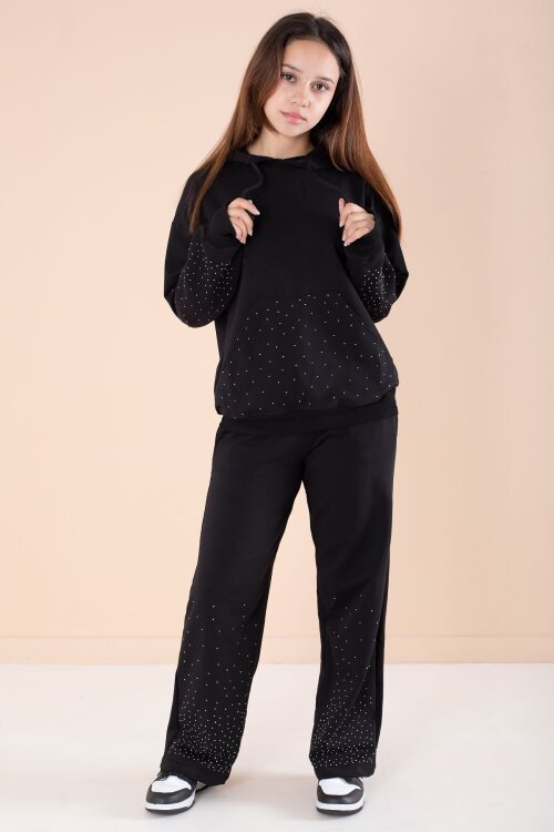 Siyah Kız Çocuk Taş Detaylı 2li Takım 21183