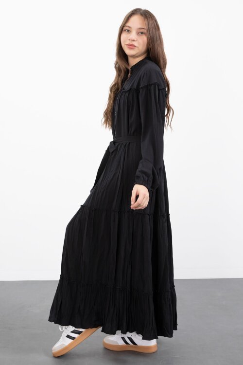 Siyah Kolları Büzgülü Kuşaklı Kız Çocuk Uzun Elbise  23398