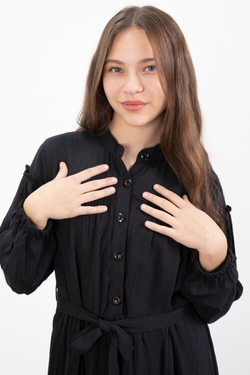 Siyah Kolları Büzgülü Kuşaklı Kız Çocuk Uzun Elbise  23398