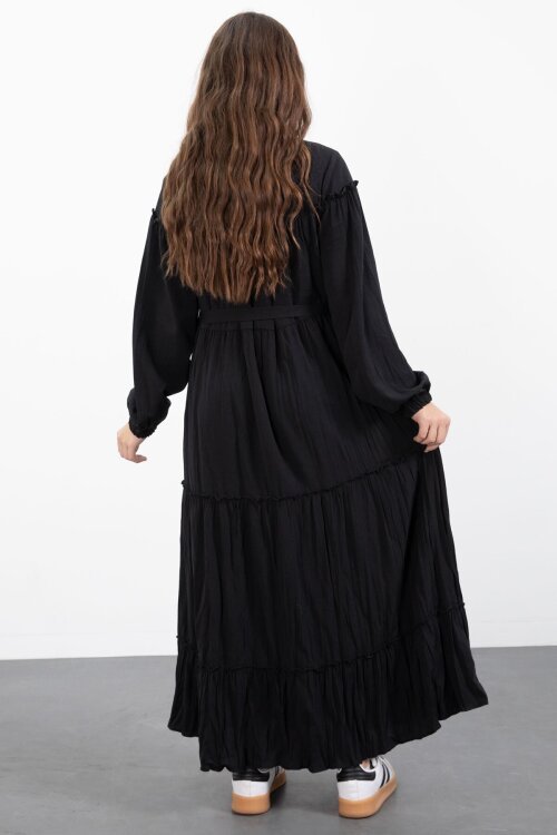 Siyah Kolları Büzgülü Kuşaklı Kız Çocuk Uzun Elbise  23398