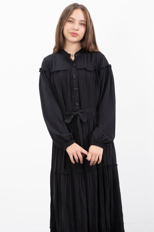 Siyah Kolları Büzgülü Kuşaklı Kız Çocuk Uzun Elbise  23398