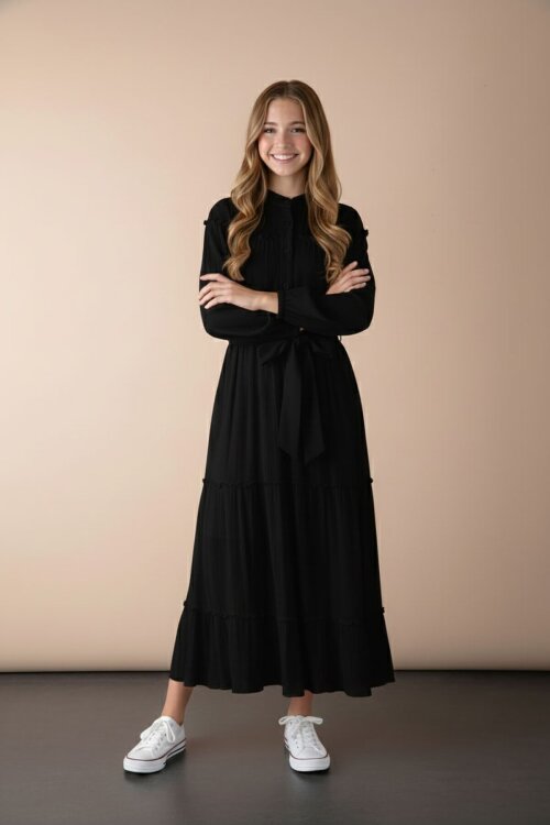 Siyah Kolları Büzgülü Kuşaklı Kız Çocuk Uzun Elbise  23398
