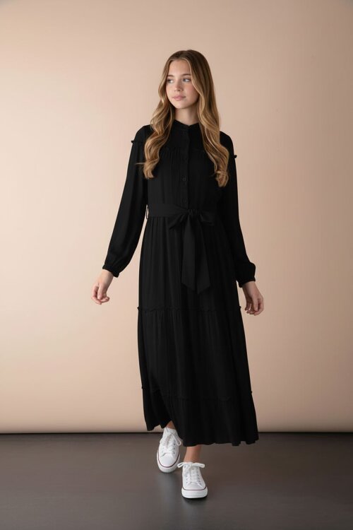 Siyah Kolları Büzgülü Kuşaklı Kız Çocuk Uzun Elbise  23398