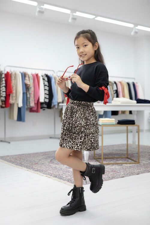 Siyah Kolları Fiyonk Detaylı Badili Leopar Etekli Kız Çocuk Takım 20190