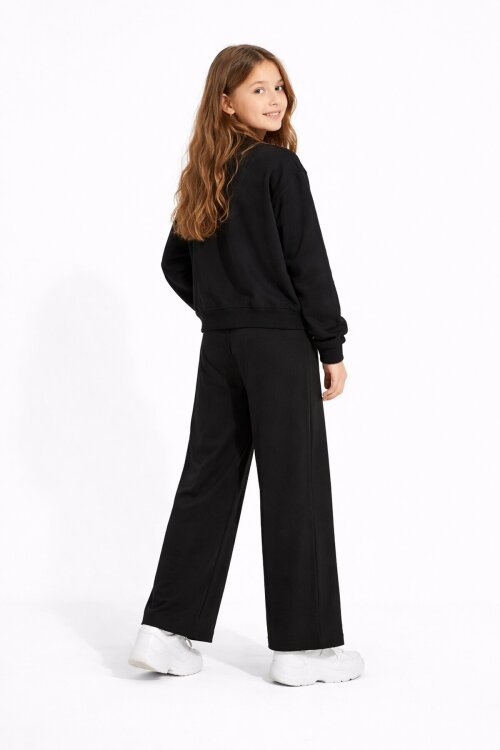 Siyah Logo Detaylı Düğmeli Hırkalı Kız Çocuk Yırtmaçlı Pantolonlu 3lü Takım 23732