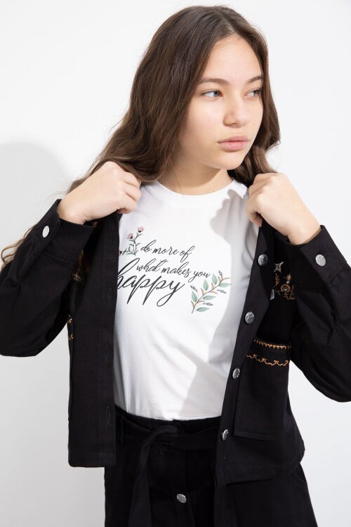 Siyah Nakış Detaylı Jean Ceketli Kuşaklı Etekli Kız Çocuk 3lü Takım  23501