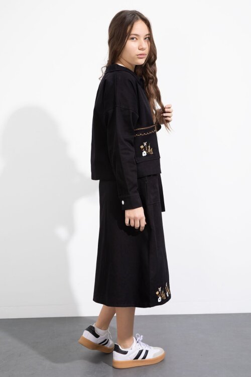 Siyah Nakış Detaylı Jean Ceketli Kuşaklı Etekli Kız Çocuk 3lü Takım  23501