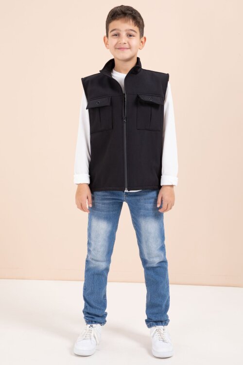 Siyah Sıfır Kol Yelekli Badili Erkek Çocuk 3lü Pantolonlu Takım  23486