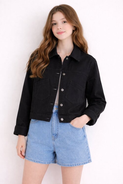 Siyah Sırtı Düğme Detaylı Kız Çocuk Gabardin Kumaş Ceket 23568