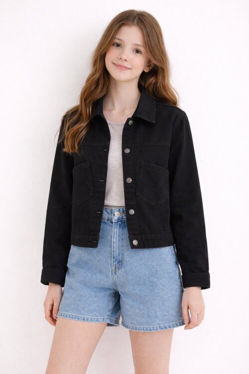 Siyah Sırtı Düğme Detaylı Kız Çocuk Gabardin Kumaş Ceket 23568