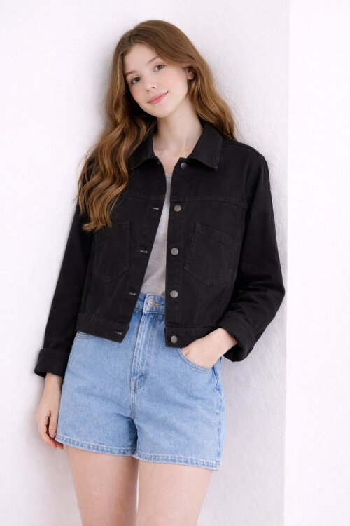 Siyah Sırtı Düğme Detaylı Kız Çocuk Gabardin Kumaş Ceket 23568