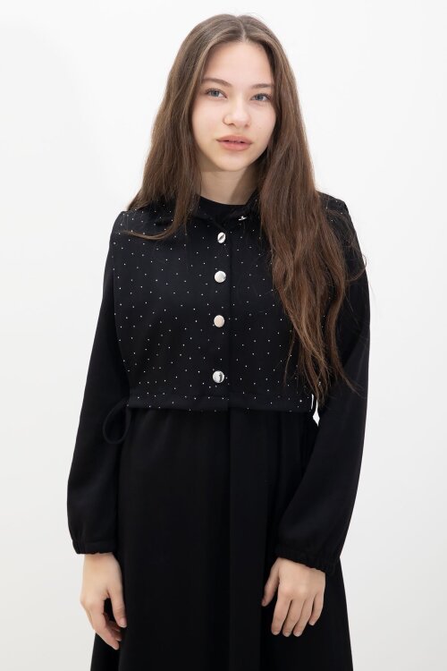 Siyah Taşlı Bağlamalı Yelekli Kız Çocuk Uzun Kol Elbise Takımı 23637