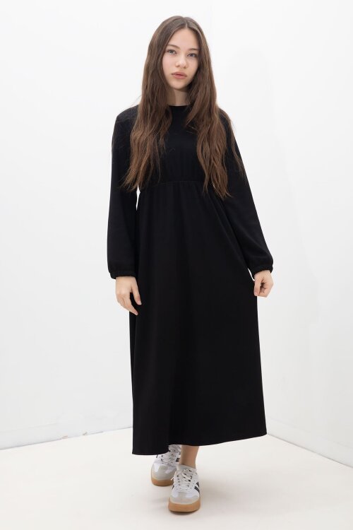 Siyah Taşlı Bağlamalı Yelekli Kız Çocuk Uzun Kol Elbise Takımı 23637