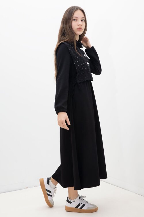 Siyah Taşlı Bağlamalı Yelekli Kız Çocuk Uzun Kol Elbise Takımı 23637