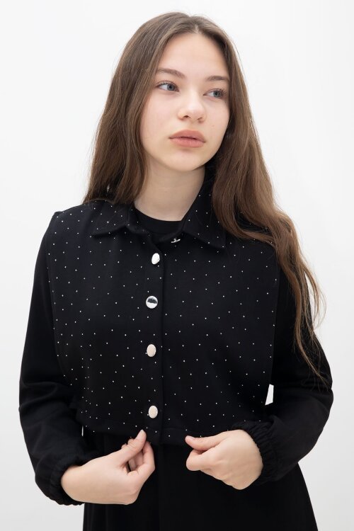 Siyah Taşlı Bağlamalı Yelekli Kız Çocuk Uzun Kol Elbise Takımı 23637