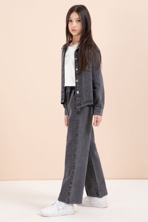 Siyah Taşlı Jean Gömlekli Kız Çocuk Geniş Paça 3lü Jean Takım 23440