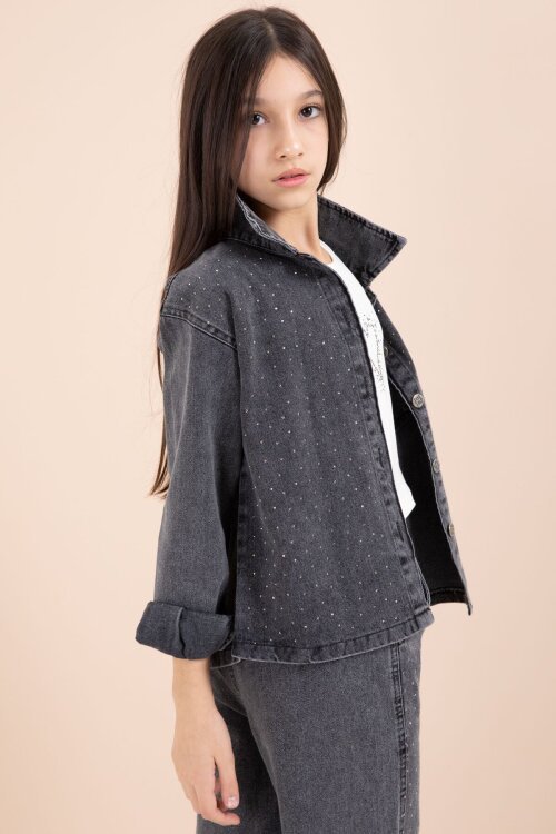 Siyah Taşlı Jean Gömlekli Kız Çocuk Geniş Paça 3lü Jean Takım 23440