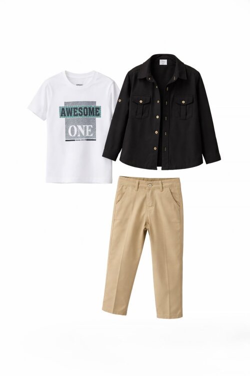 Siyah Uzun Kol Düğmeli Gömlekli Tişörtlüi Erkek Çocuk 3lü Pantolonlu Takım  23755