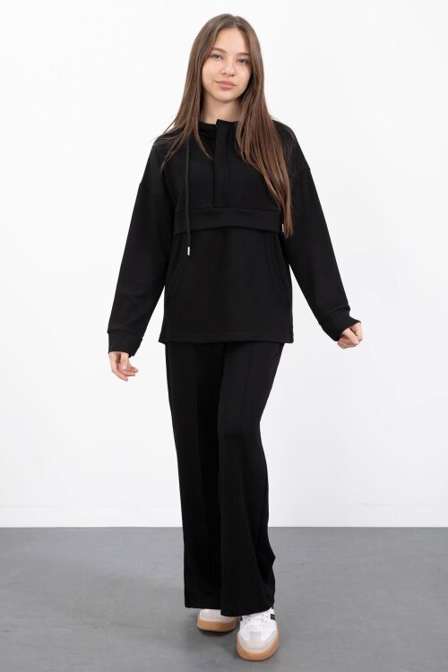 Siyah Yarım Fermuarlı Kapüşonlu Kız Çocuk Geniş Paça Eşofman Takımı 23408