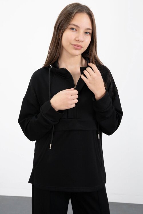 Siyah Yarım Fermuarlı Kapüşonlu Kız Çocuk Geniş Paça Eşofman Takımı 23408