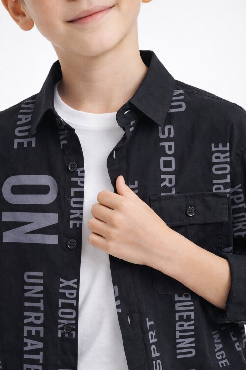 Siyah Yazı Baskılı Gömlek Beyaz Tişörtlü Erkek Çocuk 2li Takım 20136