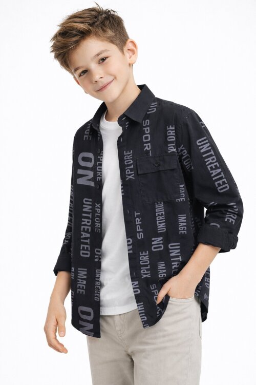 Siyah Yazı Baskılı Gömlek Beyaz Tişörtlü Erkek Çocuk 2li Takım 20136