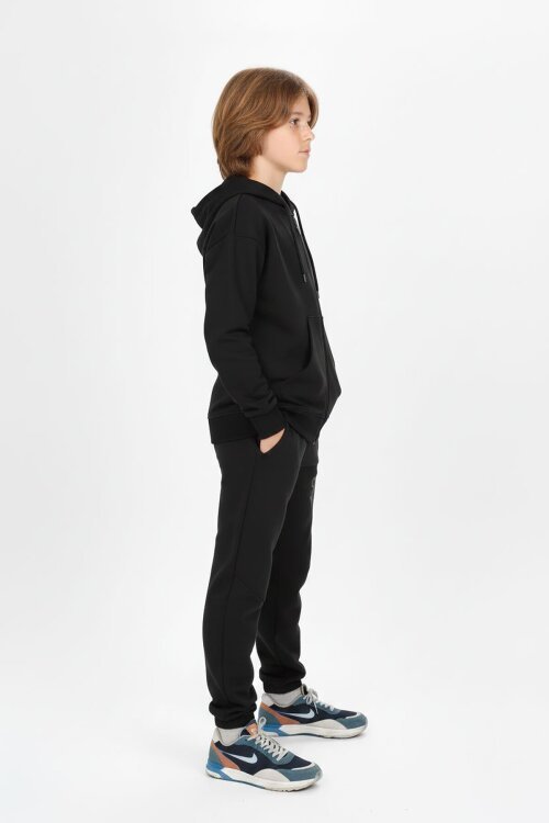 Siyah Yazı Baskılı Kapüşonlu Hırkalı Erkek Çocuk Eşofman Takımı 19226