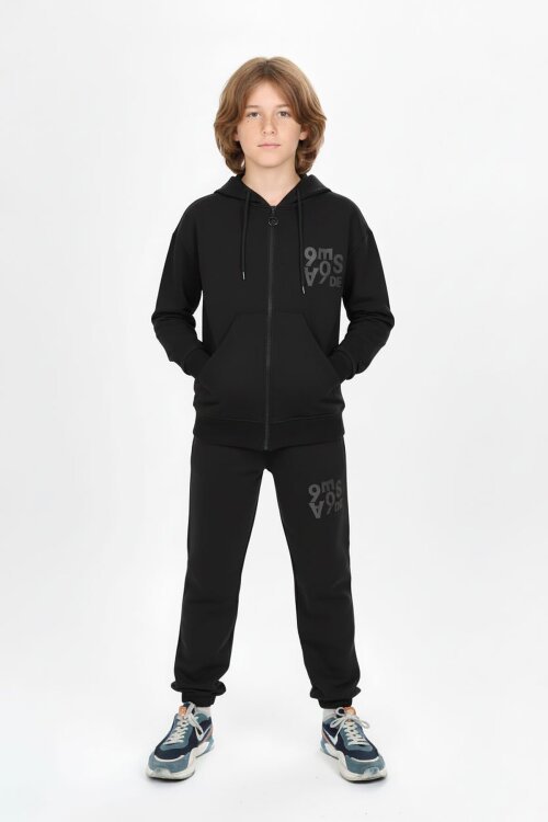 Siyah Yazı Baskılı Kapüşonlu Hırkalı Erkek Çocuk Eşofman Takımı 19226