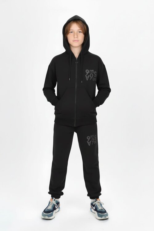 Siyah Yazı Baskılı Kapüşonlu Hırkalı Erkek Çocuk Eşofman Takımı 19226