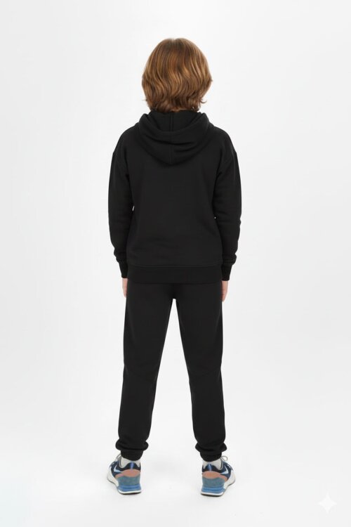 Siyah Yazı Baskılı Kapüşonlu Hırkalı Erkek Çocuk Eşofman Takımı 19226