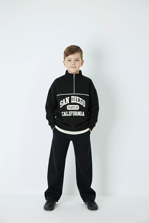 Siyah Yazı Baskılı Yarım Fermuar Sweatshirt ve Pantolonlu Erkek Takım  23509