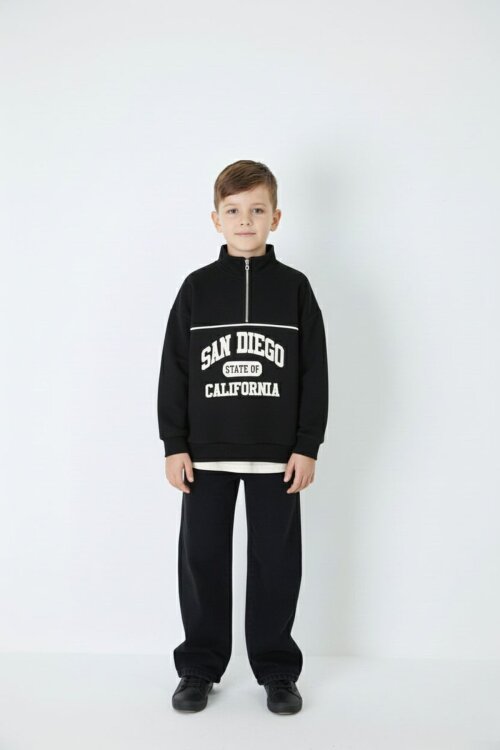 Siyah Yazı Baskılı Yarım Fermuar Sweatshirt ve Pantolonlu Erkek Takım  23509