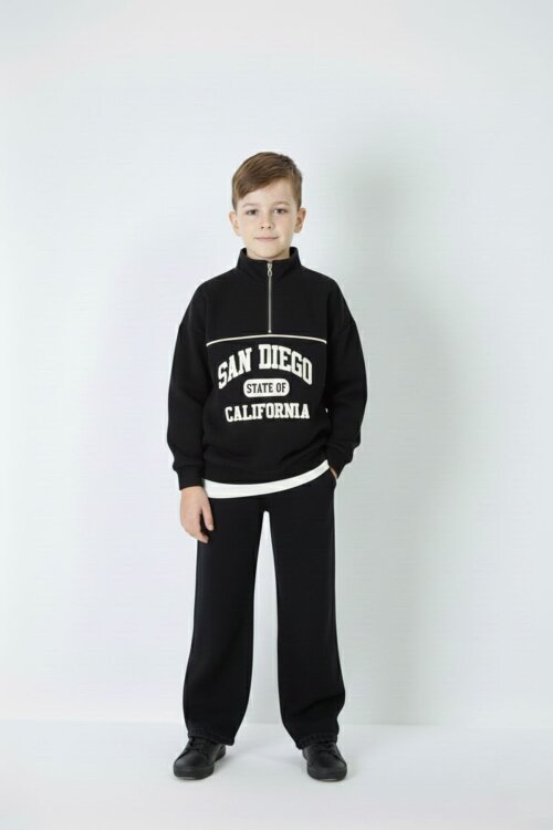 Siyah Yazı Baskılı Yarım Fermuar Sweatshirt ve Pantolonlu Erkek Takım  23509