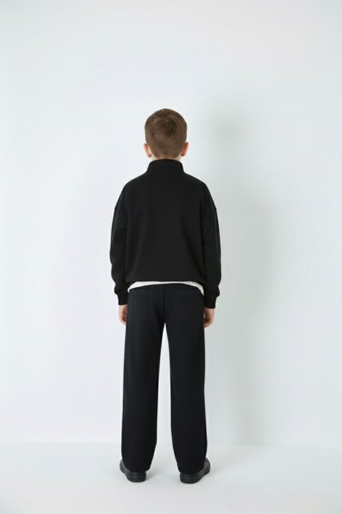 Siyah Yazı Baskılı Yarım Fermuar Sweatshirt ve Pantolonlu Erkek Takım  23509