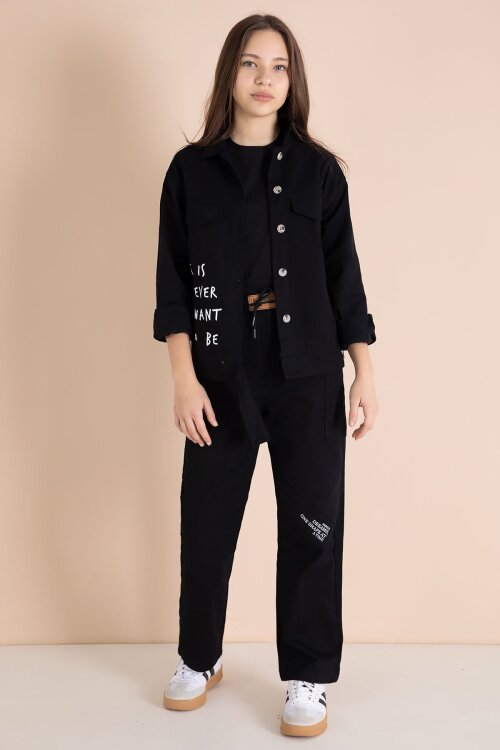 Siyah Yazı Detaylı Gömlekli Kız Çocuk Pantolonlu Gabardin Takım 23563
