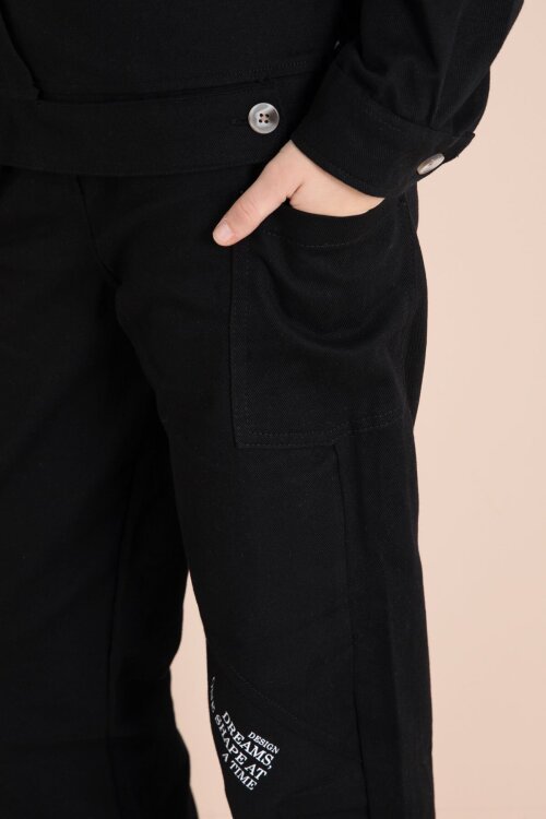 Siyah Yazı Detaylı Gömlekli Kız Çocuk Pantolonlu Gabardin Takım 23563
