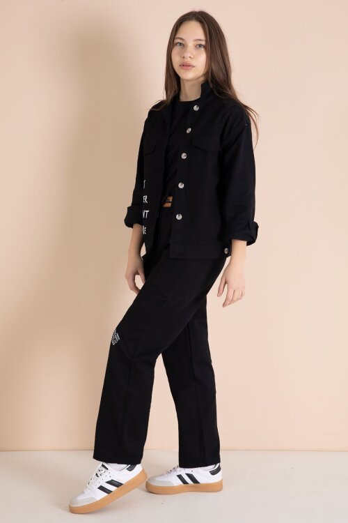 Siyah Yazı Detaylı Gömlekli Kız Çocuk Pantolonlu Gabardin Takım 23563