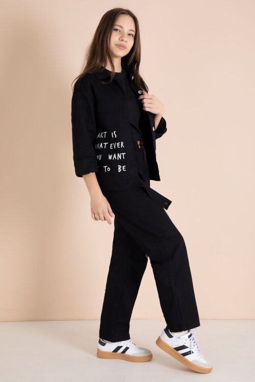 Siyah Yazı Detaylı Gömlekli Kız Çocuk Pantolonlu Gabardin Takım 23563