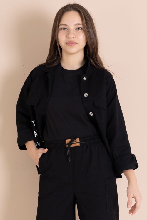 Siyah Yazı Detaylı Gömlekli Kız Çocuk Pantolonlu Gabardin Takım 23563