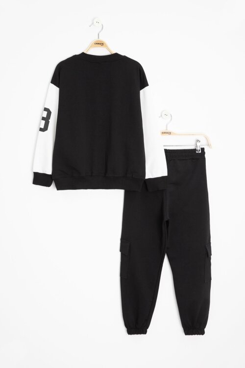 Siyah Yazı Nakışlı Kolej Ceketli Erkek Çocuk Eşofman Takımı 21222