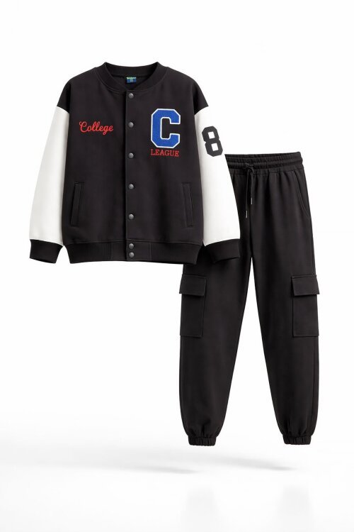 Siyah Yazı Nakışlı Kolej Ceketli Erkek Çocuk Eşofman Takımı 21222