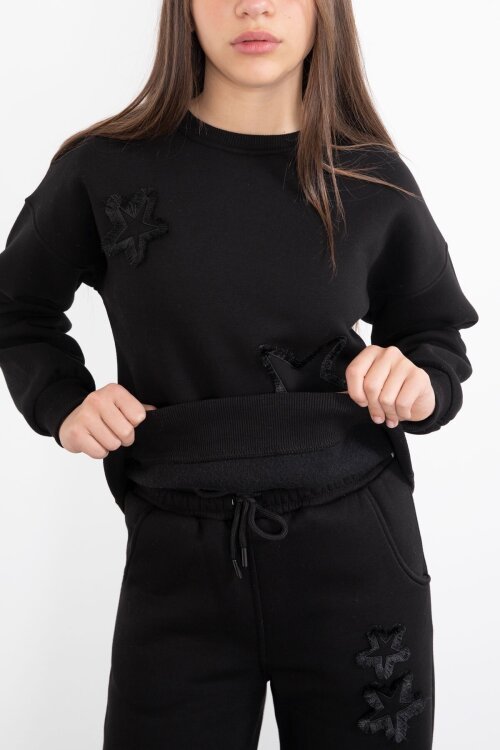 Siyah Yıldız Desenli Geniş Paça Şardonlu Kız Çocuk Eşofman Takımı 23361