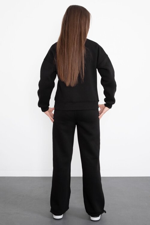 Siyah Yıldız Desenli Geniş Paça Şardonlu Kız Çocuk Eşofman Takımı 23361